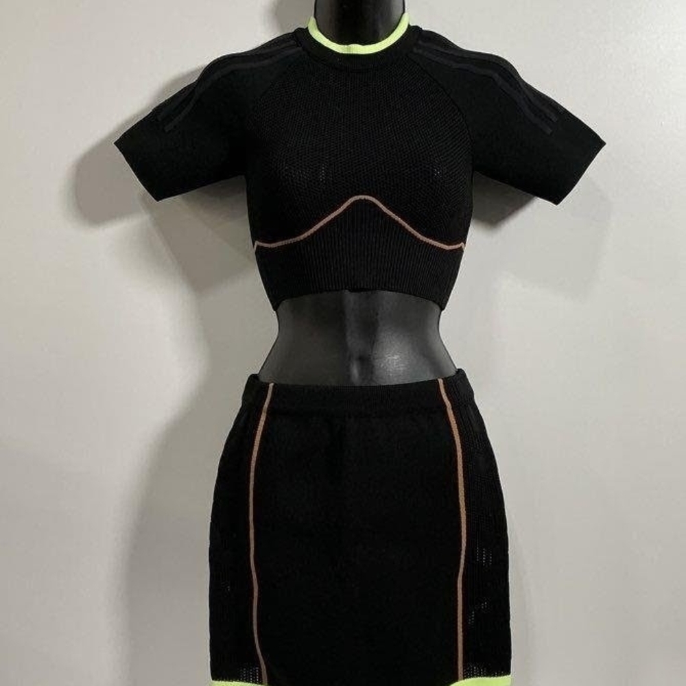 NWT IVY PARK x adidas Knit Crop Top & Mini Skirt Set - Black/Yellow/Mesa XS